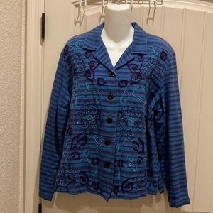JM Collections Blue Striped Women’s Sz M Button Up Jacket Shirt Embroidered